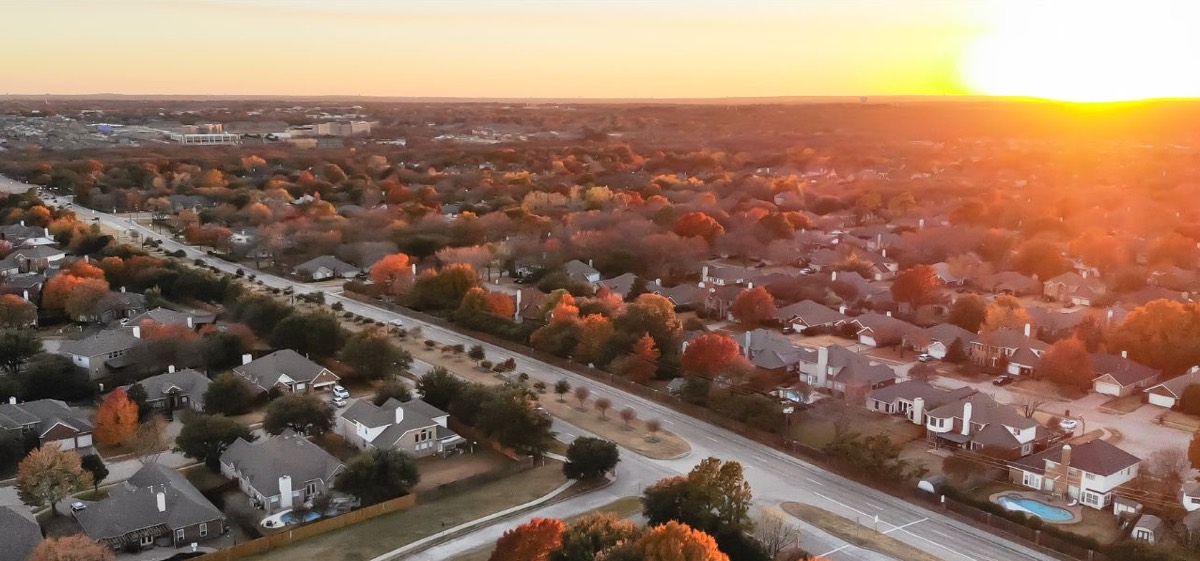 Hurst, Euless and Bedford aerial view at sunset